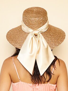 Wide Brim Straw Sun Hat with Cream Bow